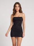 Black Lace Sheath Scoop Neck Backless Mini Dress with Scalloped lace trim - Curvevia