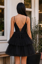 A-Line Deep V Neck Tiered Short Homecoming Dress - Curvevia