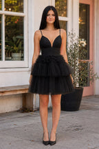 A-Line Deep V Neck Tiered Short Homecoming Dress - Curvevia