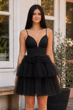 A-Line Deep V Neck Tiered Short Homecoming Dress - Curvevia
