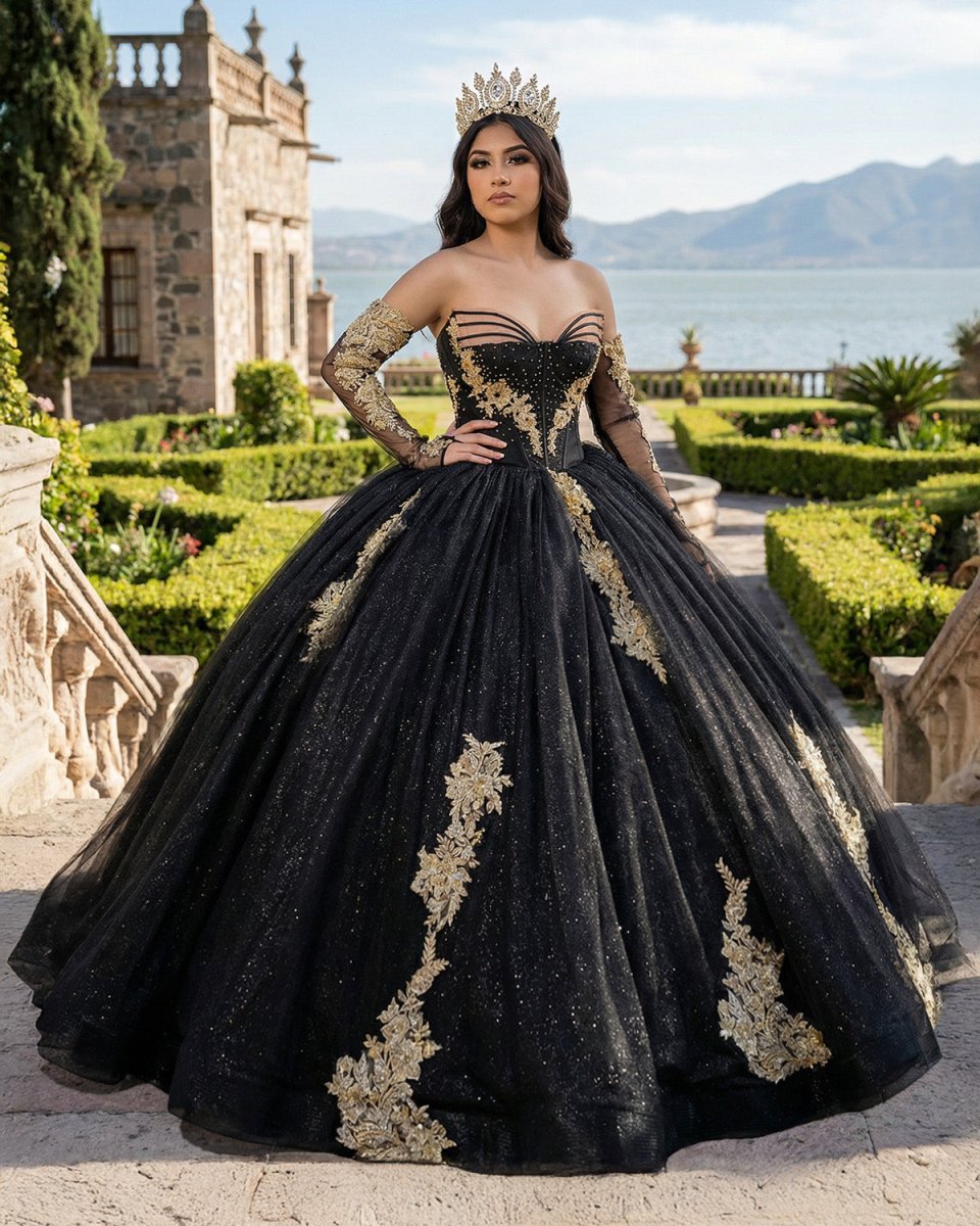Black Long Sleeves Strapless Quinceanera Dresses with Appliques - Curvevia