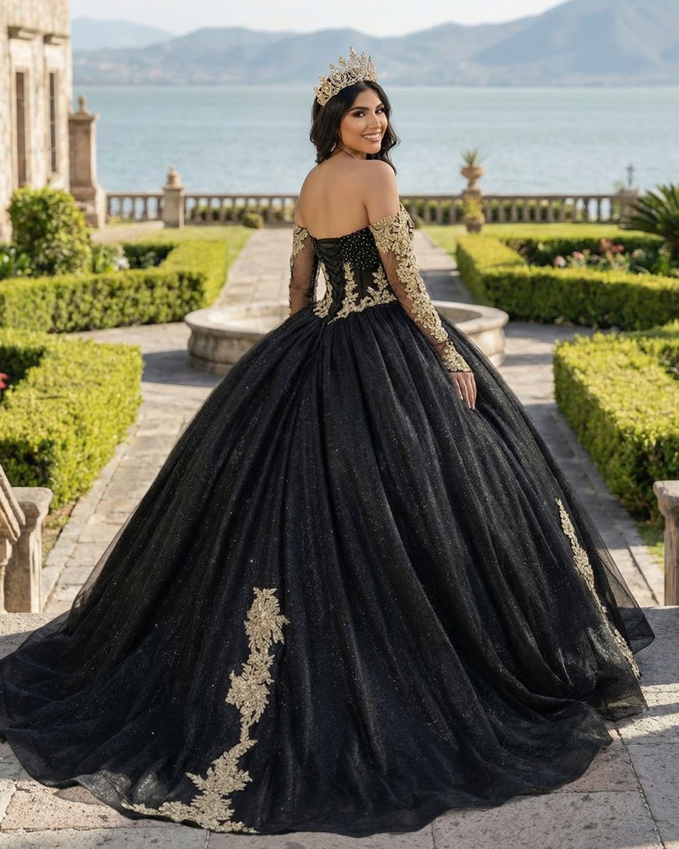 Black Long Sleeves Strapless Quinceanera Dresses with Appliques - Curvevia