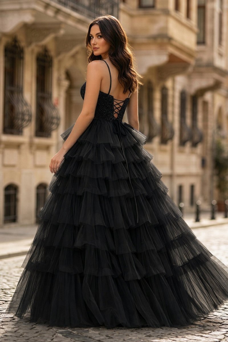 Spaghetti Straps Sweetheart Layered Tulle Formal Prom Dress with Slit - Curvevia