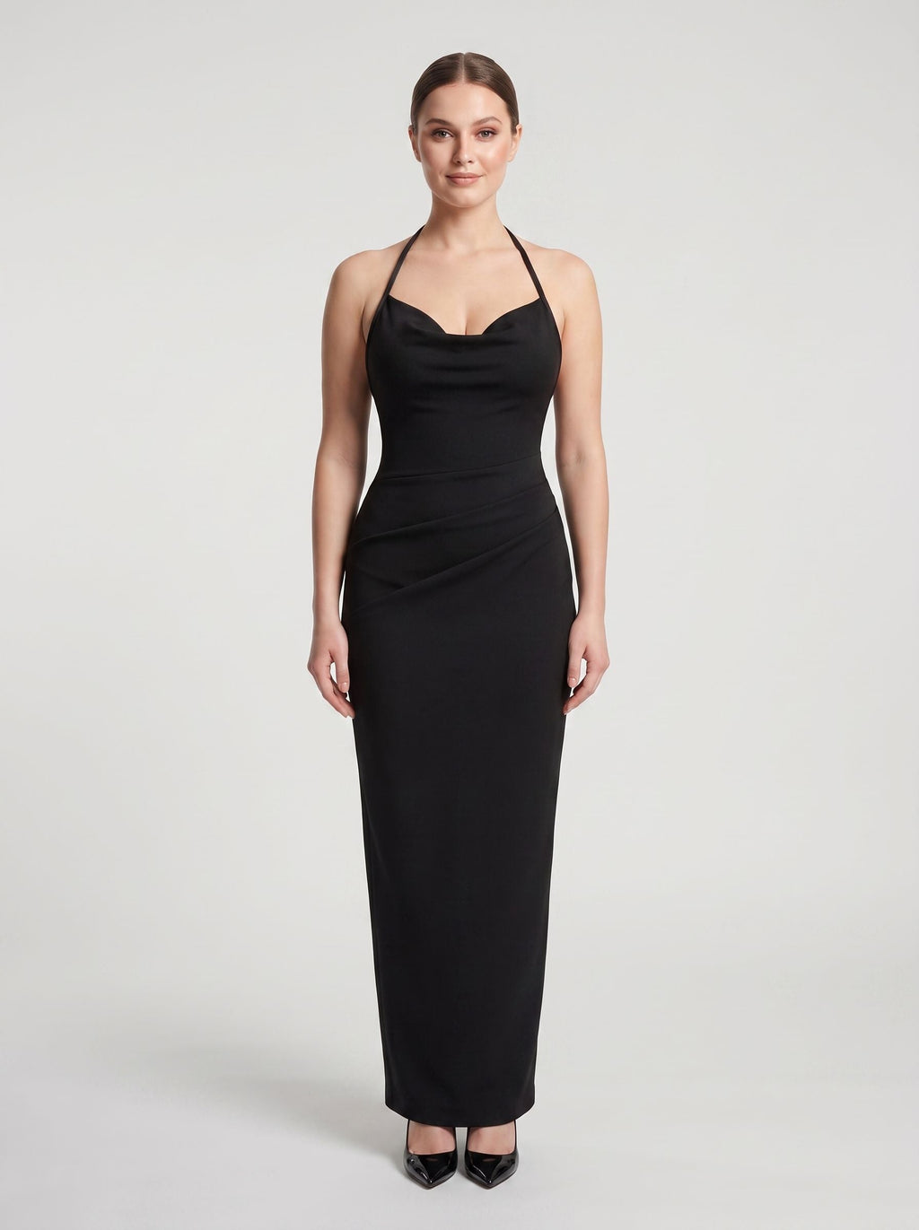 Black Matte Satin Column Halter neckline Back Zip Floor-Length Dress with Rope Straps - Curvevia