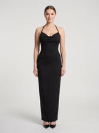 Black Matte Satin Column Halter neckline Back Zip Floor-Length Dress with Rope Straps - Curvevia