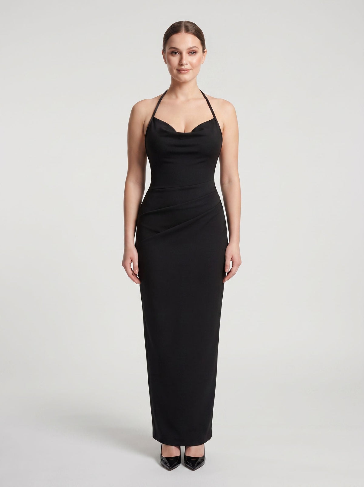 Black Matte Satin Column Halter neckline Back Zip Floor-Length Dress with Rope Straps - Curvevia