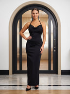 Black Matte Satin Column Halter neckline Back Zip Floor-Length Dress with Rope Straps - Curvevia