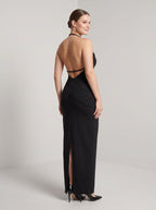 Black Matte Satin Column Halter neckline Back Zip Floor-Length Dress with Rope Straps - Curvevia