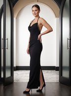 Black Matte Satin Column Halter neckline Back Zip Floor-Length Dress with Rope Straps - Curvevia