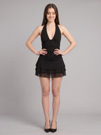 Black Mesh A-Line Halter neckline Backless Short Dress with Ruffled Overlay - Curvevia