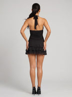 Black Mesh A-Line Halter neckline Backless Short Dress with Ruffled Overlay - Curvevia