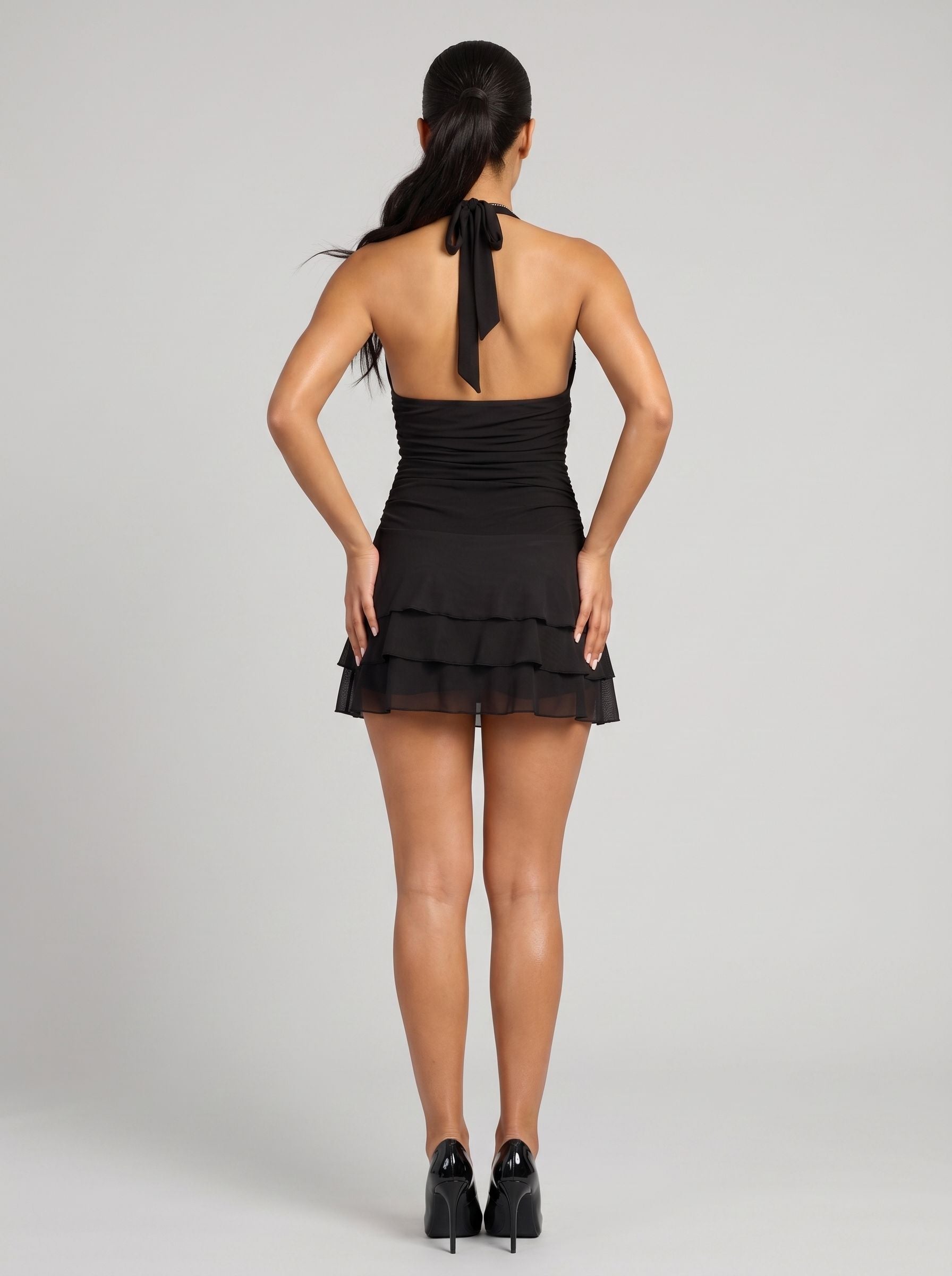 Black Mesh A-Line Halter neckline Backless Short Dress with Ruffled Overlay - Curvevia