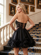 Black Tulle A-Line Sweetheart Lace-up Short Dress with Beading - Curvevia