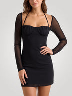 Black Mesh Sheath Square Neck Back Zip Short Dress with Sheer Sleeves - Curvevia