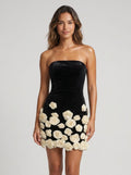 Black Satin Sheath Straight Neck Back Zip Short Dress with 3D Flowers - Curvevia