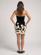 Black Satin Sheath Straight Neck Back Zip Short Dress with 3D Flowers - Curvevia