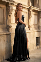 Green Metallic Sweetheart Pleated A-Line Long Evening Dress - Curvevia
