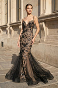 Black-Nude Mermaid Spaghetti Straps Tulle Long Prom Dresses With Floral Sequins - Curvevia
