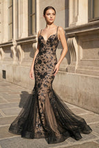 Black-Nude Mermaid Spaghetti Straps Tulle Long Prom Dresses With Floral Sequins - Curvevia