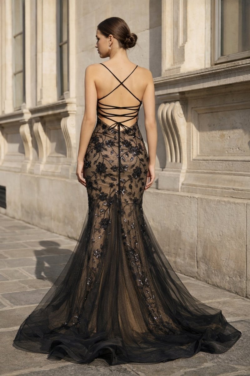 Black-Nude Mermaid Spaghetti Straps Tulle Long Prom Dresses With Floral Sequins - Curvevia