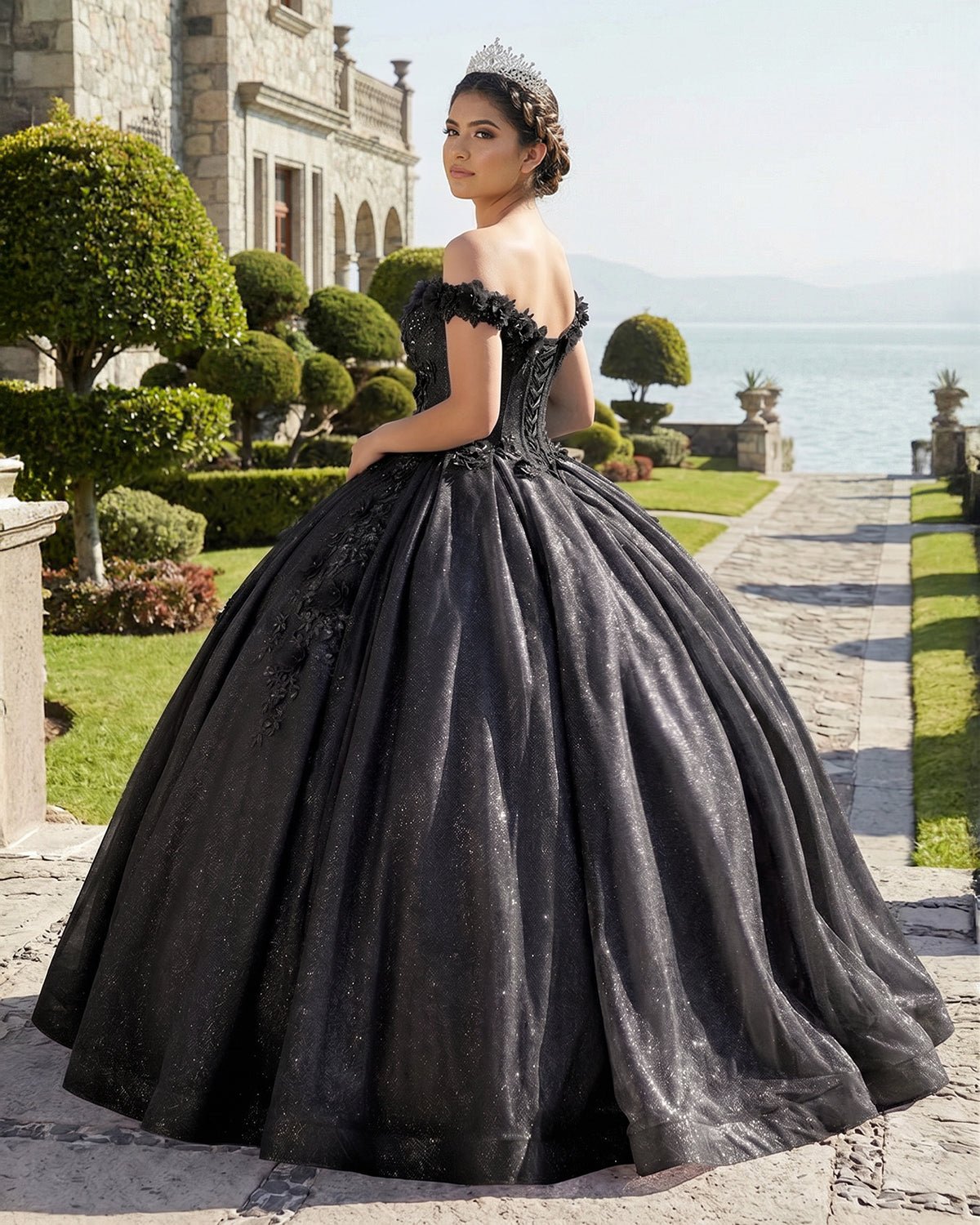 Off the Shoulder Lavender Glitter 3D Floral Quinceanera Dresses - Curvevia