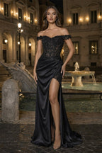 Burgundy Off The Shoulder Mermaid Beaded Satin Long Prom Dresses With Appliques - Curvevia