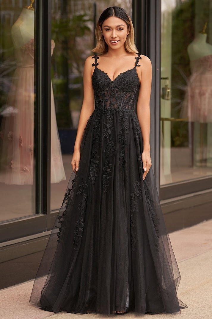 A-line V Neck Lace Tulle Evening Dress With Slit - Curvevia