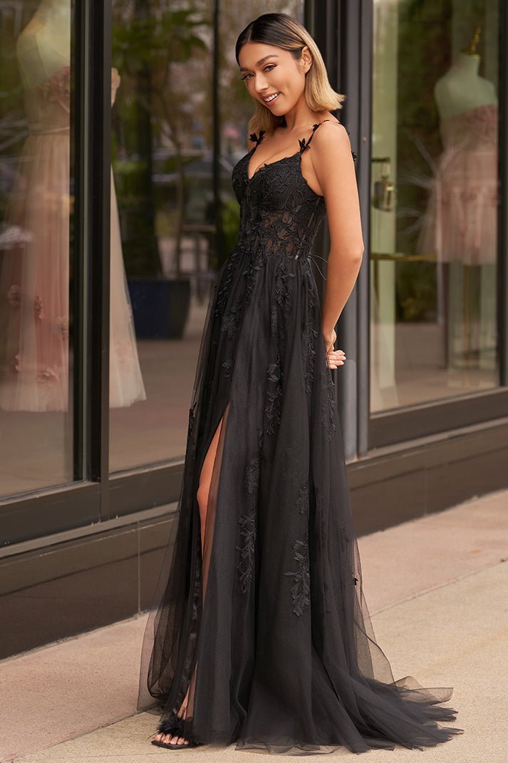 A-line V Neck Lace Tulle Evening Dress With Slit - Curvevia