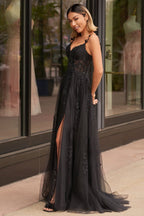 A-line V Neck Lace Tulle Evening Dress With Slit - Curvevia