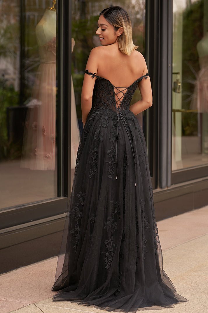 A-line V Neck Lace Tulle Evening Dress With Slit - Curvevia