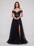 Black Tulle & Sequins A-Line Off-the-Shoulder Lace-up Floor-Length Dress with Sheer Corset & Slit - Curvevia