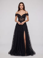 Black Tulle & Sequins A-Line Off-the-Shoulder Lace-up Floor-Length Dress with Sheer Corset & Slit - Curvevia