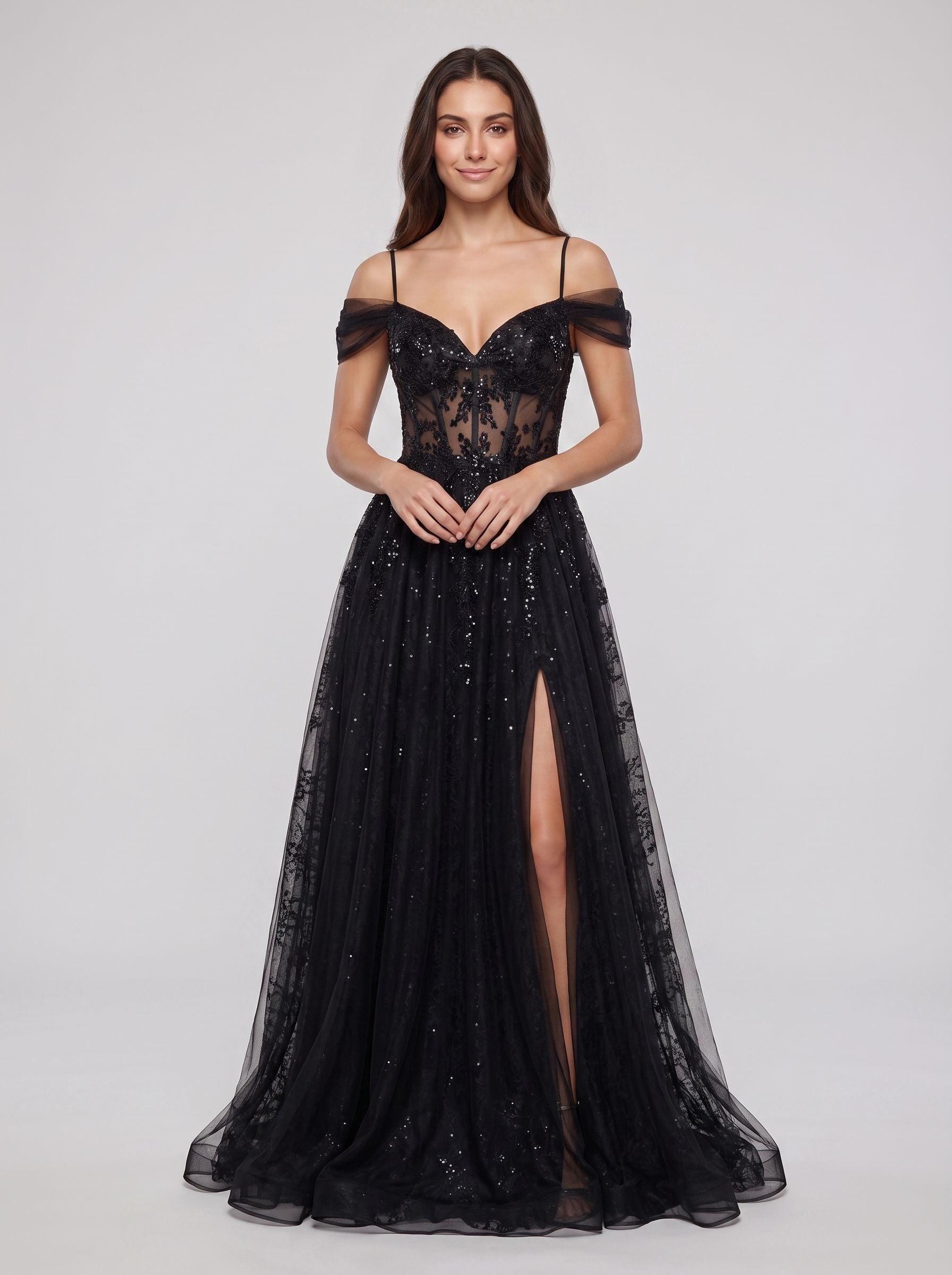 Black Tulle & Sequins A-Line Off-the-Shoulder Lace-up Floor-Length Dress with Sheer Corset & Slit - Curvevia