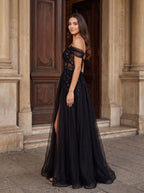 Black Tulle & Sequins A-Line Off-the-Shoulder Lace-up Floor-Length Dress with Sheer Corset & Slit - Curvevia