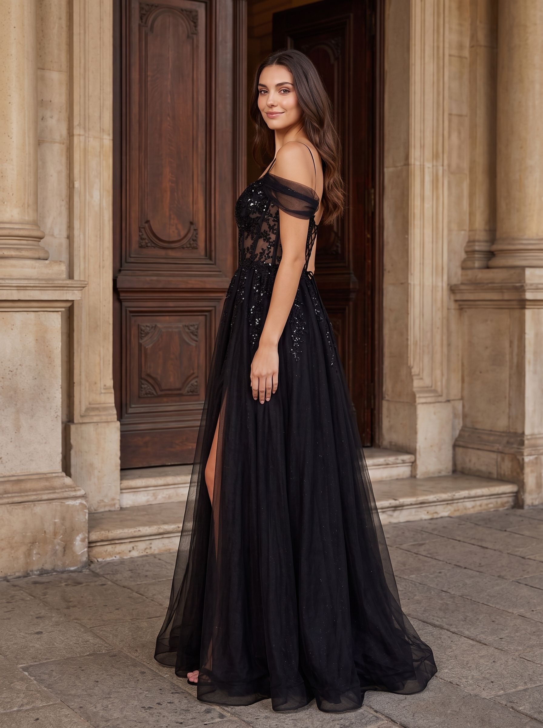 Black Tulle & Sequins A-Line Off-the-Shoulder Lace-up Floor-Length Dress with Sheer Corset & Slit - Curvevia