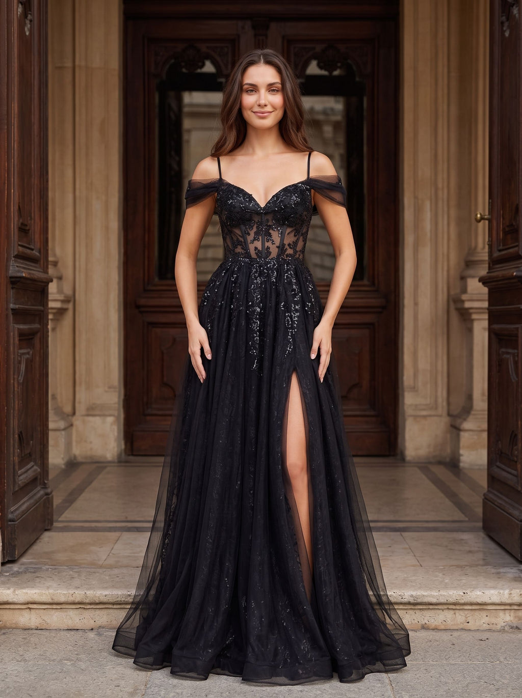 Black Tulle & Sequins A-Line Off-the-Shoulder Lace-up Floor-Length Dress with Sheer Corset & Slit - Curvevia