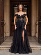 Black Tulle & Sequins A-Line Off-the-Shoulder Lace-up Floor-Length Dress with Sheer Corset & Slit - Curvevia