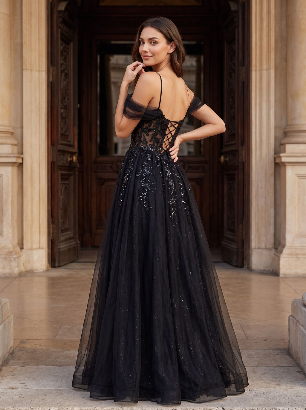 Black Tulle & Sequins A-Line Off-the-Shoulder Lace-up Floor-Length Dress with Sheer Corset & Slit - Curvevia