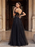 Black Tulle & Sequins A-Line Off-the-Shoulder Lace-up Floor-Length Dress with Sheer Corset & Slit - Curvevia