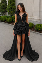 Hot Pink One Shoulder Organza High Low Homecoming Dress With Ruffles - Curvevia