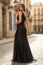 Black One Shoulder Sain Long Evening Dress with Appliques - Curvevia