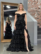 Black Princess A Line Off the Shoulder Corset Evening Dress with Lace Ruffles - Curvevia