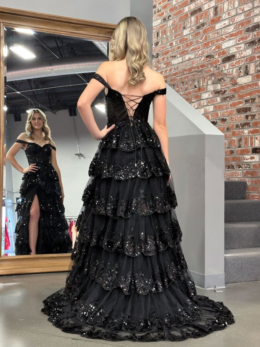 Black Princess A Line Off the Shoulder Corset Evening Dress with Lace Ruffles - Curvevia