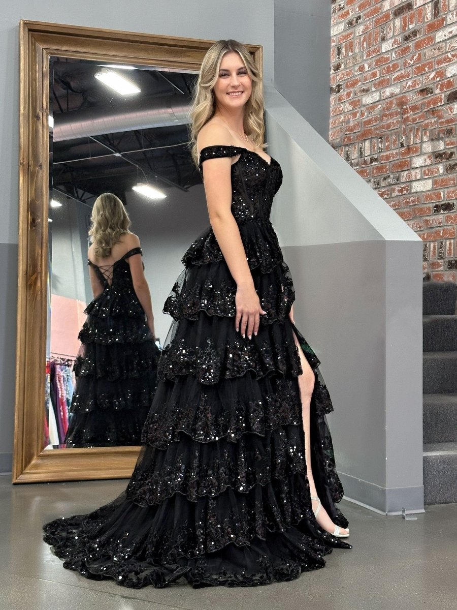 Black Princess A Line Off the Shoulder Corset Evening Dress with Lace Ruffles - Curvevia