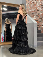 Black Princess A Line Off the Shoulder Corset Evening Dress with Lace Ruffles - Curvevia