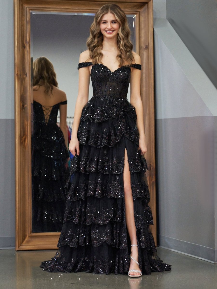 Black Princess A Line Off the Shoulder Corset Evening Dress with Lace Ruffles - Curvevia