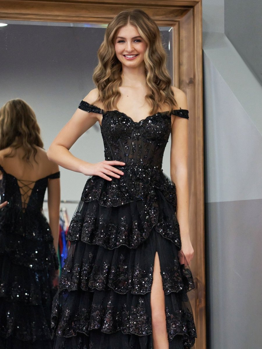 Black Princess A Line Off the Shoulder Corset Evening Dress with Lace Ruffles - Curvevia