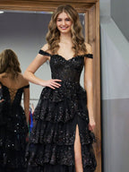 Black Princess A Line Off the Shoulder Corset Evening Dress with Lace Ruffles - Curvevia