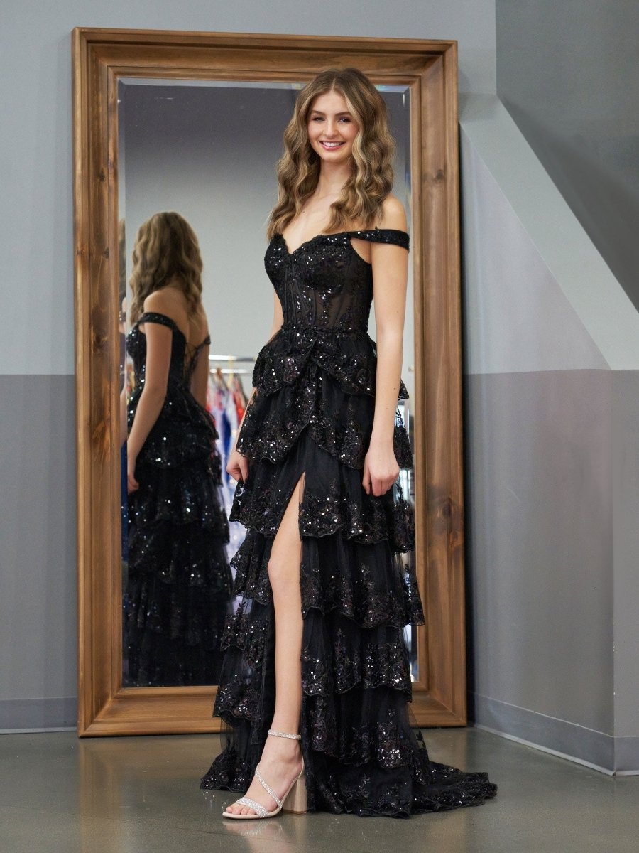 Black Princess A Line Off the Shoulder Corset Evening Dress with Lace Ruffles - Curvevia