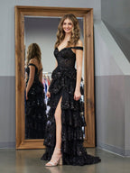 Black Princess A Line Off the Shoulder Corset Evening Dress with Lace Ruffles - Curvevia